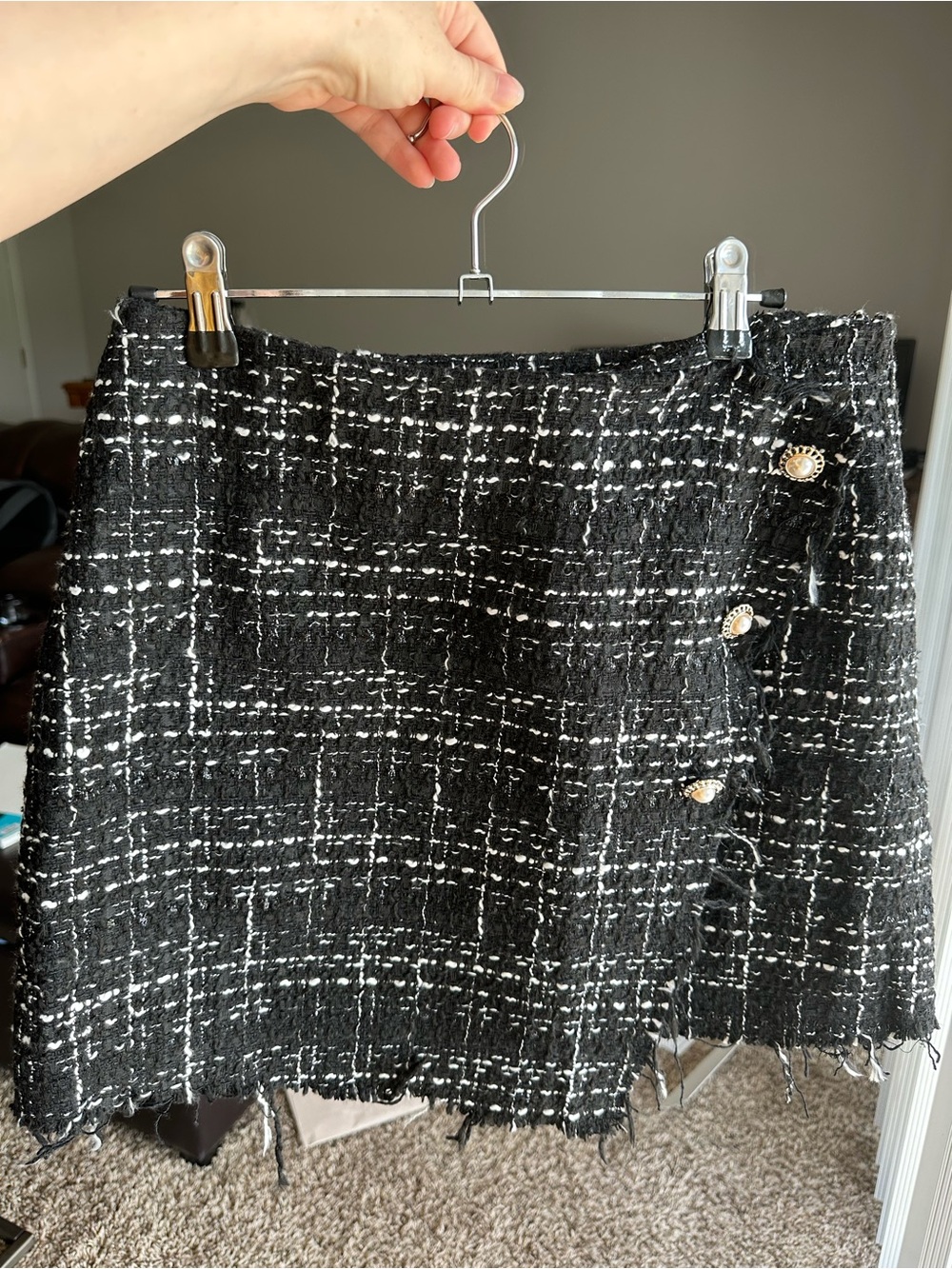 Francesca’s Blue Rain Black & White Tweed Mini Skirt with Pearl Buttons